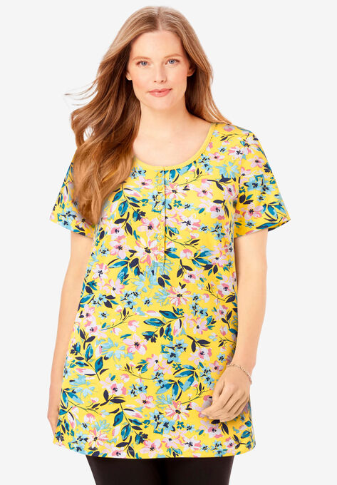Perfect Short-Sleeve Scoop-Neck Henley Tunic, PRIMROSE YELLOW PAINTERLY BLOOM, hi-res image number null