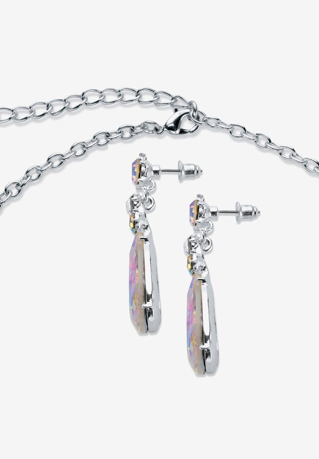 Silver Tone Tone Bib Necklace Set, Aurora Borealis Crystal, 16 inches, , on-hover image number 1