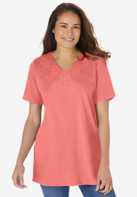 Embroidered V-Neck Tee, SWEET CORAL PAISLEY EMBROIDERY, hi-res image number null