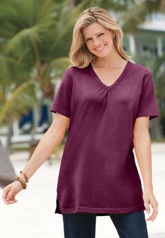 Perfect Short-Sleeve Shirred V-Neck Tunic