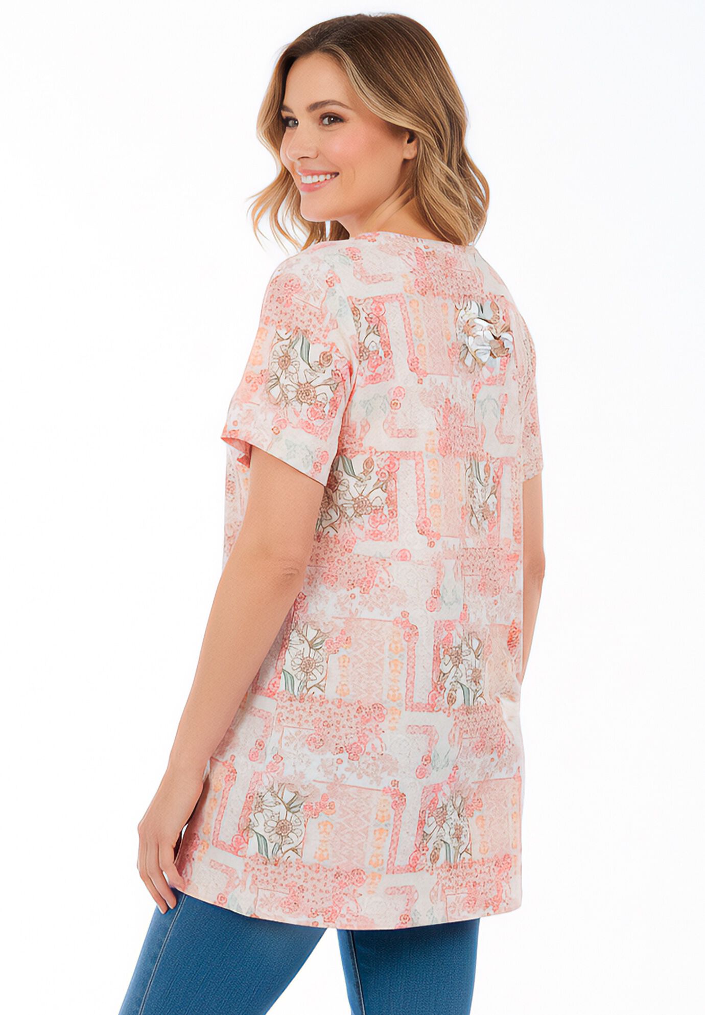 Short Sleeve Watercolor Tunic, IVORY PETAL PATCHWORK, alternate image number 2