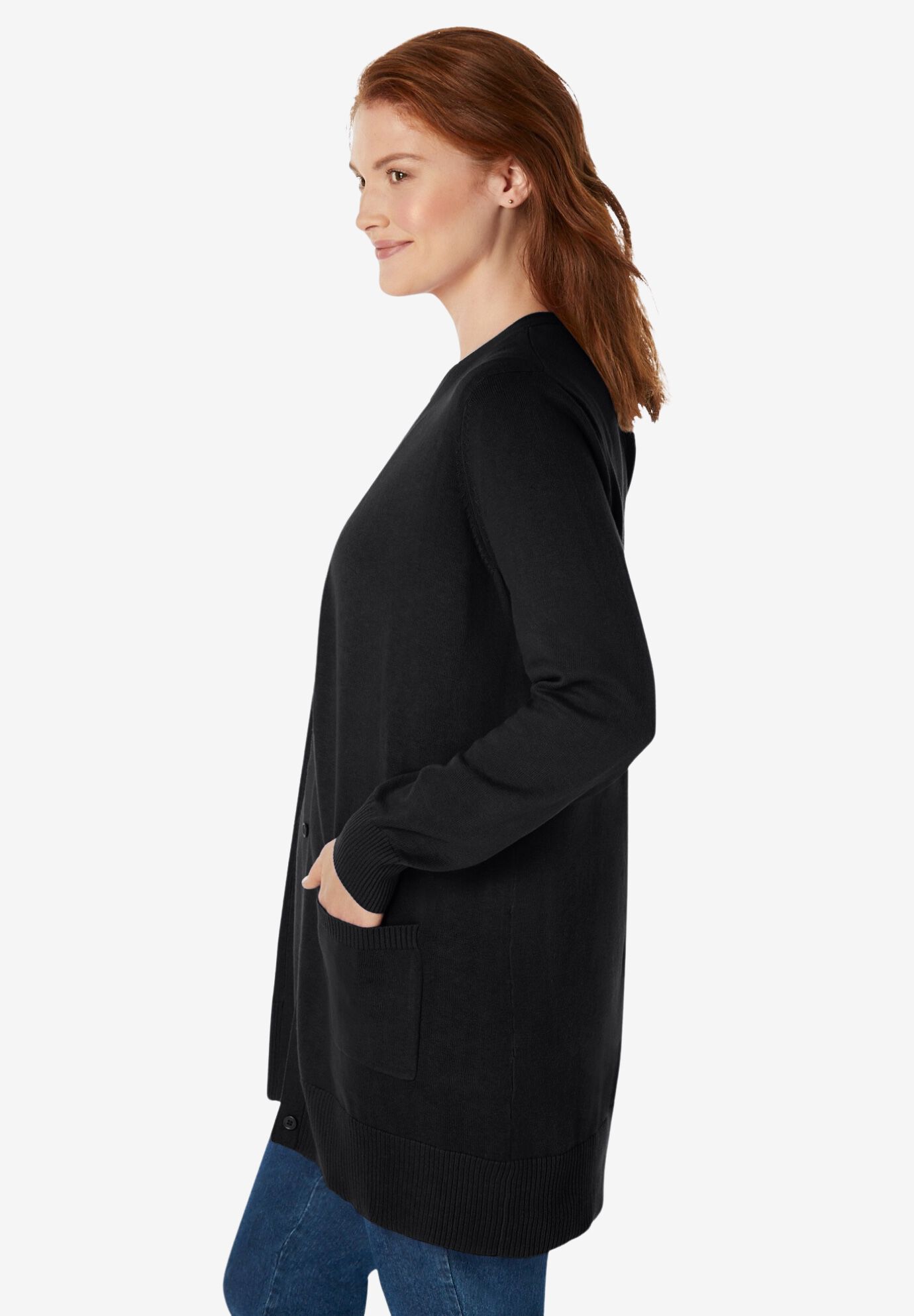 Perfect Longer-Length Cotton Cardigan Sweater, BLACK, alternate image number 2