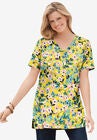 Perfect Printed Short-Sleeve Shirred V-Neck Tunic, , alternate image number null