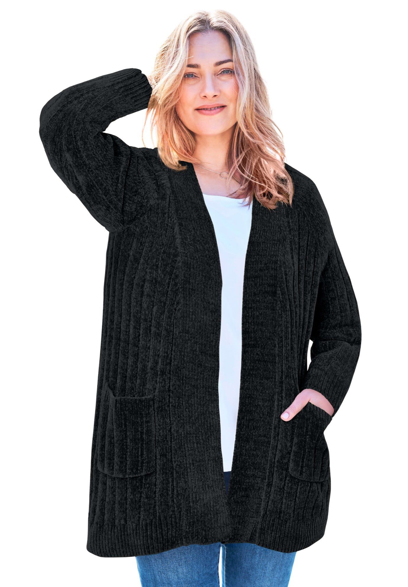 Open Front Chenille Cardigan, BLACK, hi-res image number 0