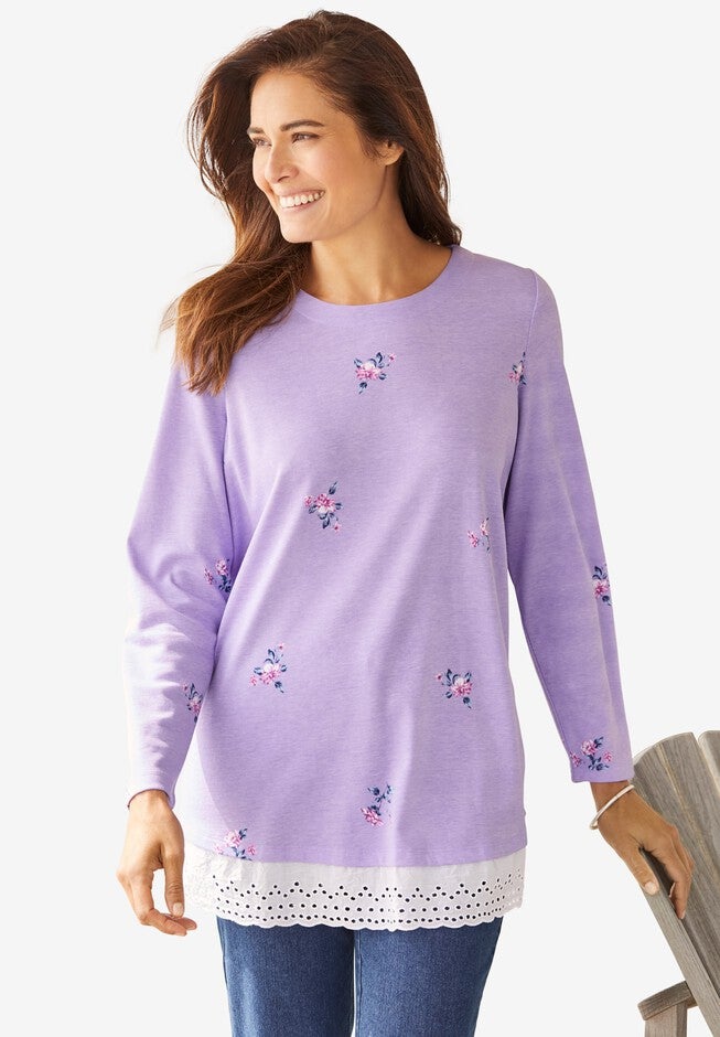 Eyelet Trim Long-Sleeve Tunic, SOFT IRIS TOSSED BOTANICAL, hi-res image number null