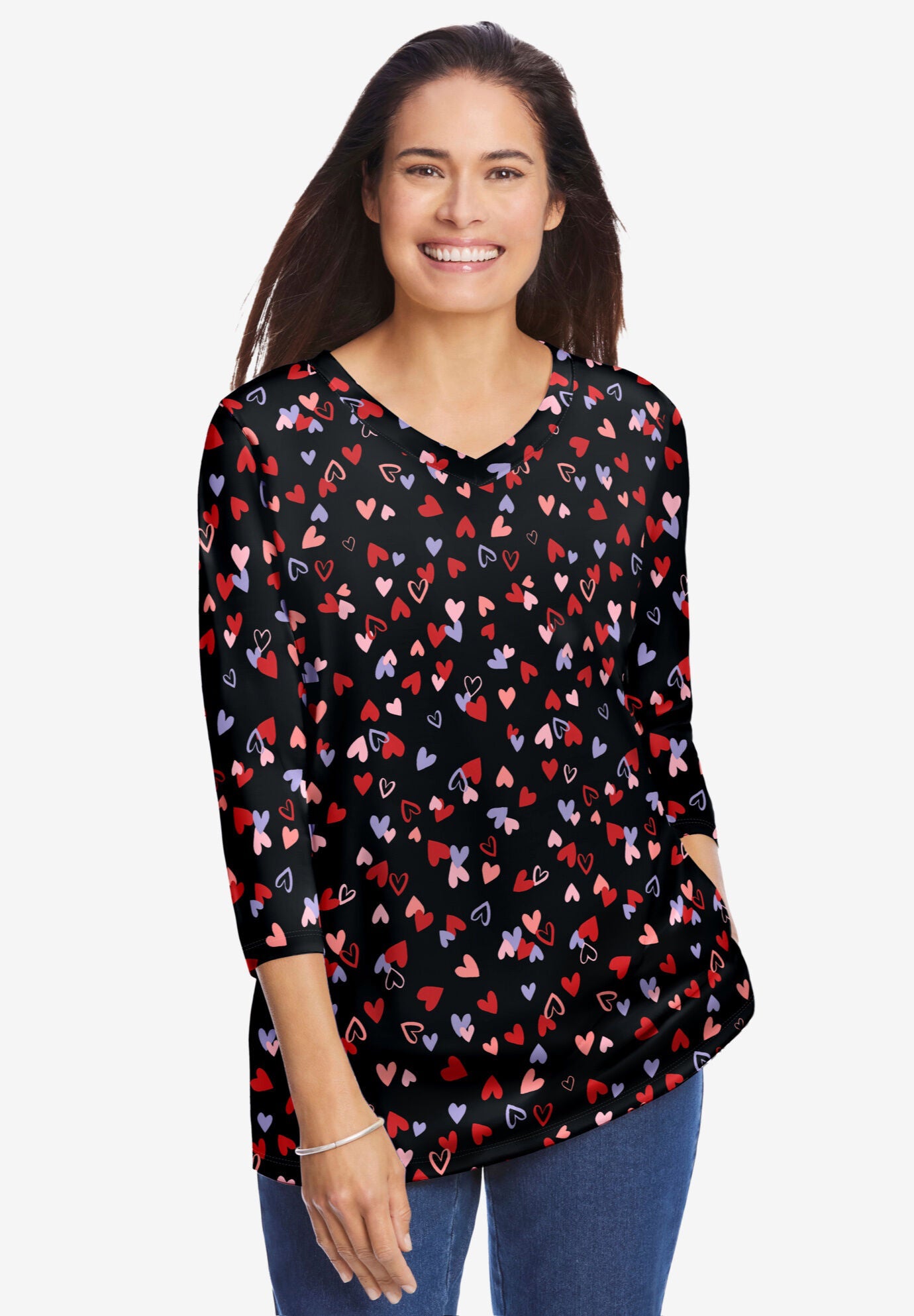 WOMEN'S POWER PRINTED THREE QUARTER SLEEVE SIDE POCKET T-SHIRT