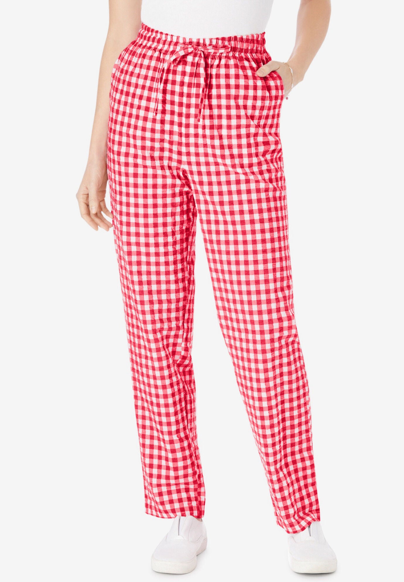 Woman Within Women s Plus Size Petite Seersucker Capri Pant 18 W Vivid Red Gingham