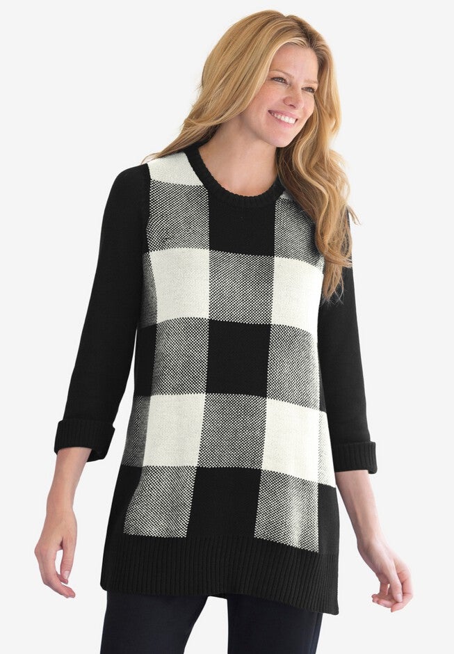 Buffalo Plaid Pullover Sweater, WHITE BLACK BUFFALO PLAID, hi-res image number 0