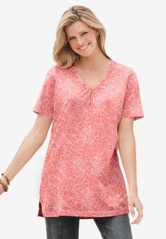 Perfect Printed Short-Sleeve Shirred V-Neck Tunic