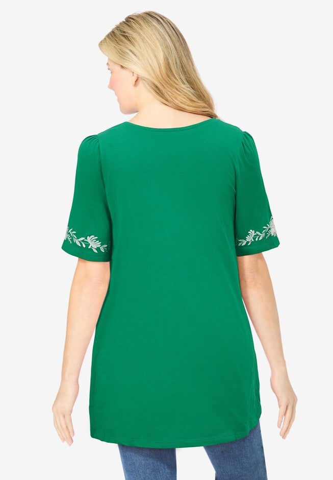Embroidered Split-Neck Tunic, TROPICAL EMERALD VINE EMBROIDERY, on-hover image number null