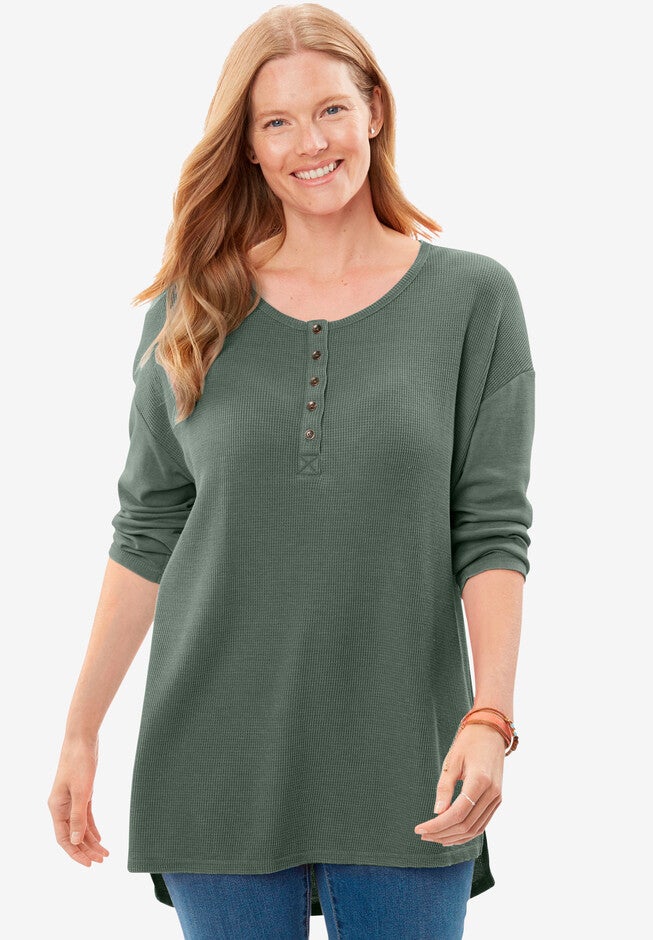Washed Thermal High-Low Henley Tunic, PINE, hi-res image number 0
