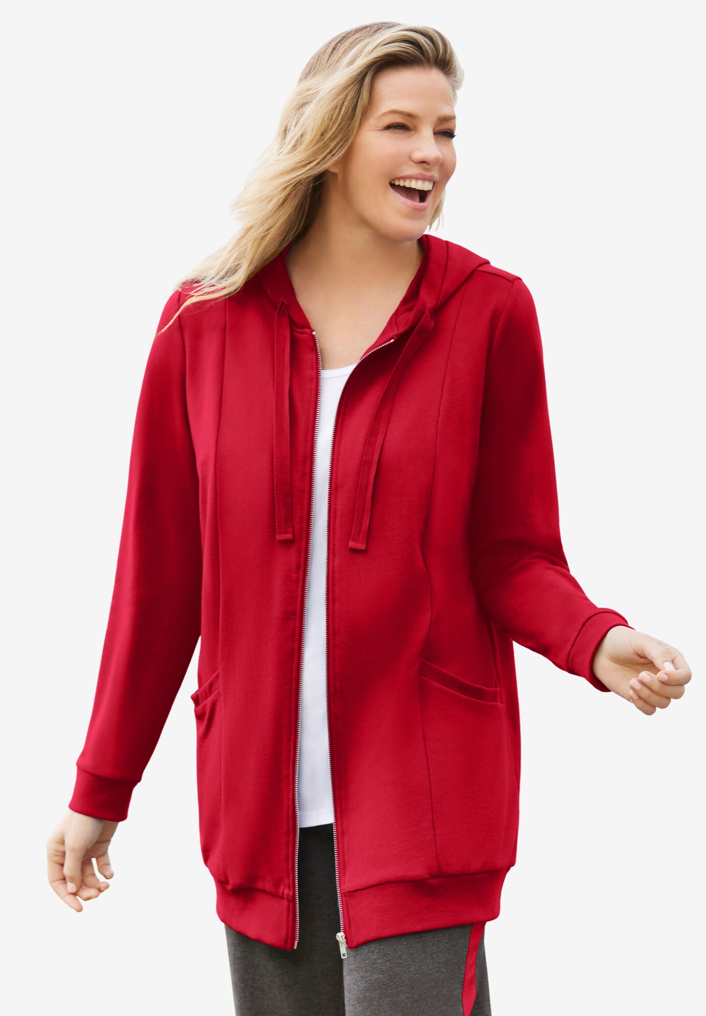 Zip Front Tunic Hoodie Jacket for Women Classic Red Woman Within