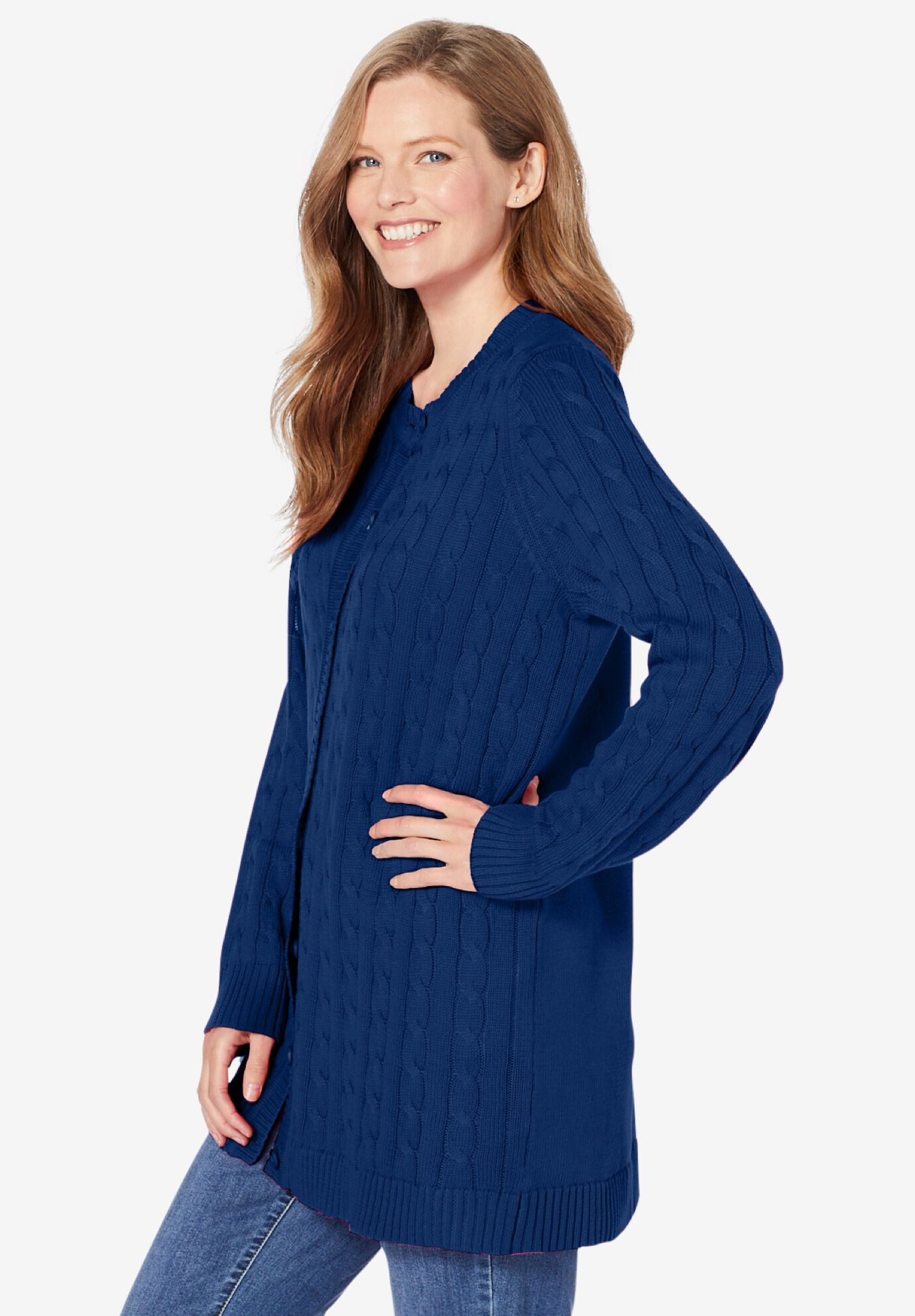 Cable Knit Cardigan Sweater - Pure Cotton, Evening Blue | Woman Within