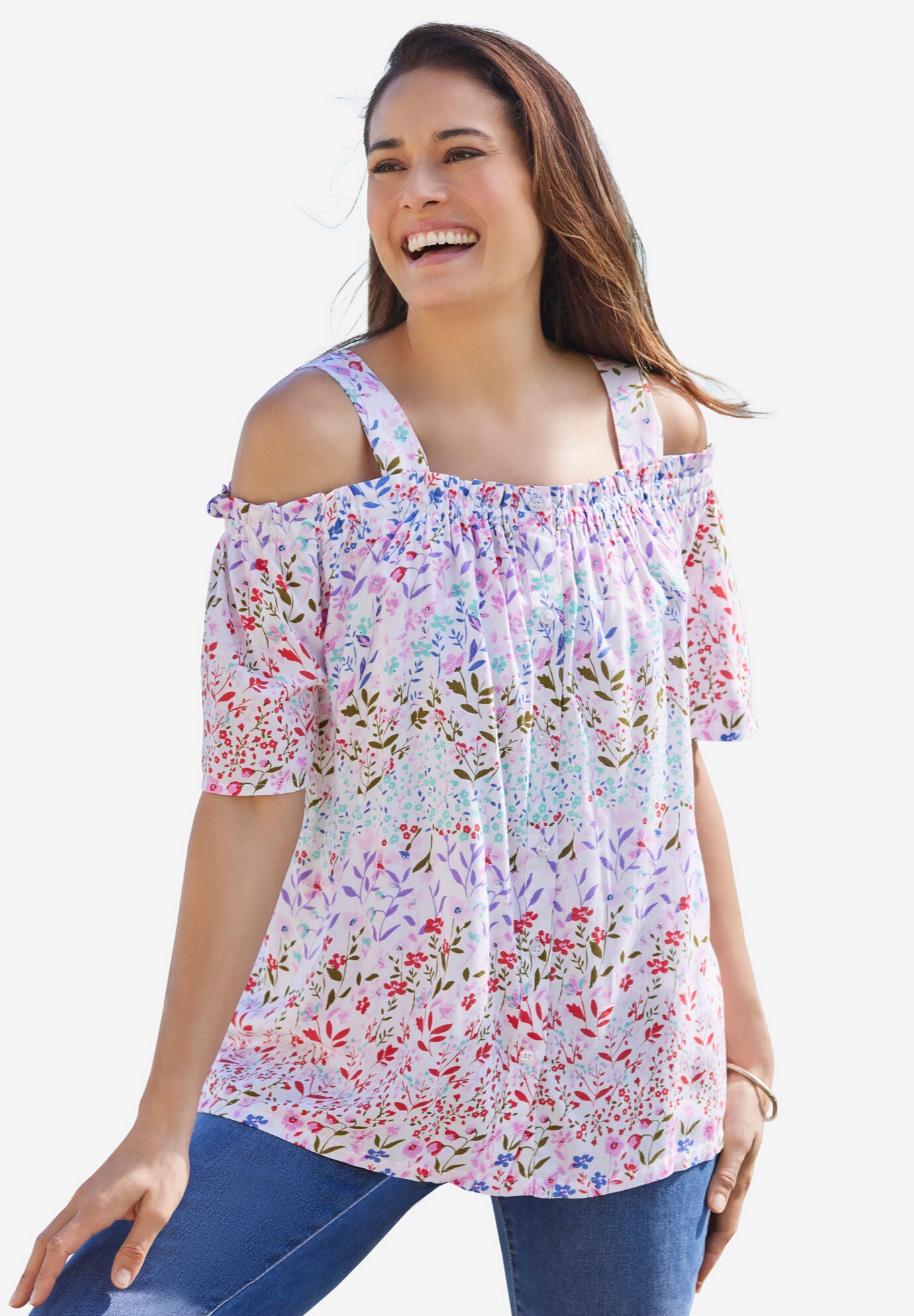 Printed Cold Shoulder Blouse Rayon Design White Garden Print