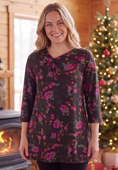 Knotted Neckline Swing Cotton-Blend Tunic