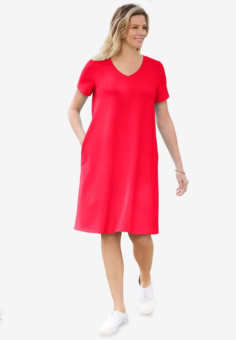 Short Sleeve V-Neck Tee Dress, VIVID RED, hi-res image number null
