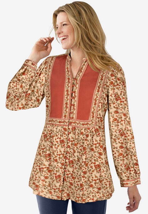 Button-Front Mixed Print Tunic, NEW KHAKI ROSE GARDEN, hi-res image number null