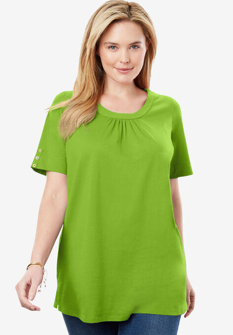 Perfect Button-Sleeve Shirred Scoop-Neck Tee, KIWI, hi-res image number null