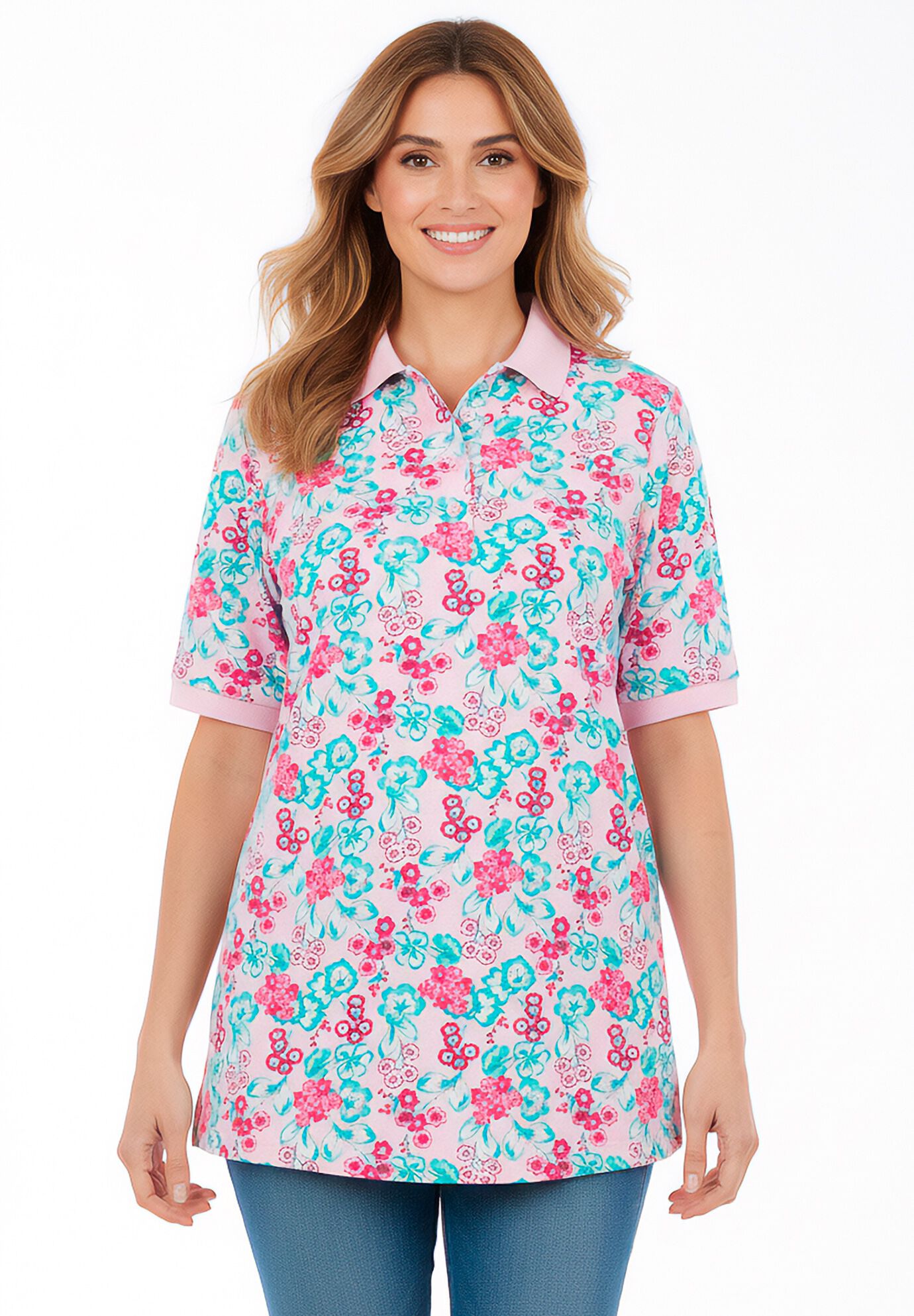 Elbow-Sleeve Polo Tunic, PINK SWEETSCAPE, hi-res image number 0