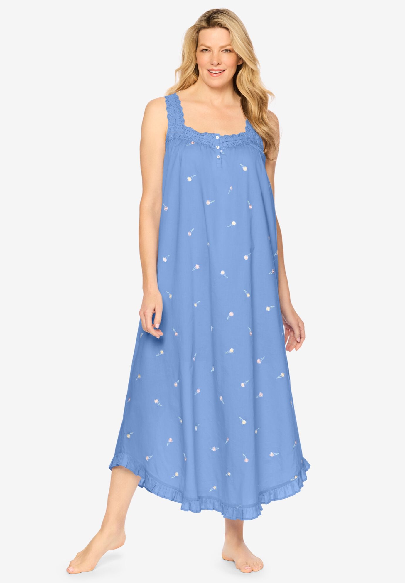 Pure Cotton Long Embroidered Gown 52" Length, French Blue Woman Within