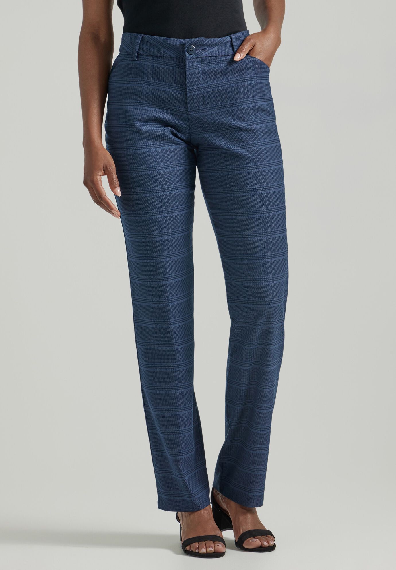 Wrinkle Free Straight Leg Pant Jean, NAVY INSIGNIA PLAID, hi-res image number 0