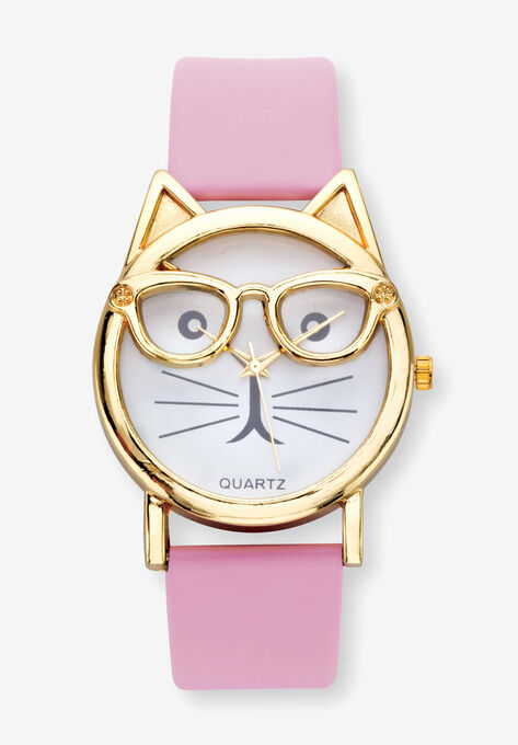 Gold Tone Crystal Bowtie Cat Watch with Adjustable Pink Strap, 8", GOLD, hi-res image number null