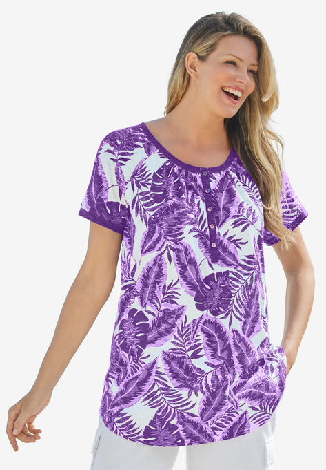Banana leaf print Henley shirt in soft knit, PURPLE ORCHID TROPICAL, hi-res image number null