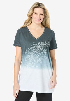 Short-Sleeve V-Neck Embroidered Dip Dye Tunic