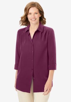 Three-Quarter Sleeve Peachskin Button Front Shirt