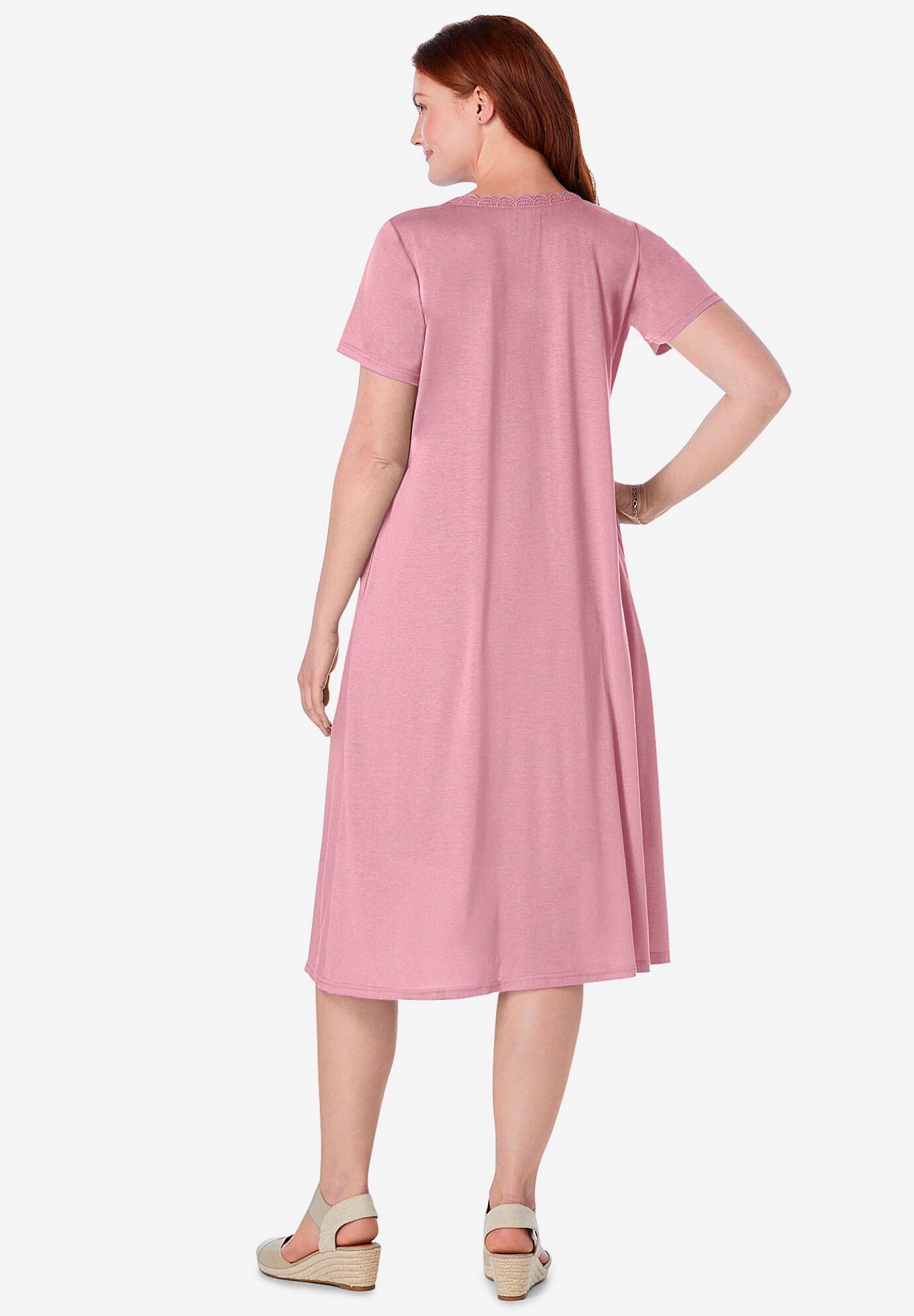 Embroidered Lace Bib Knit Dress, DUSTY PINK, on-hover image number 1