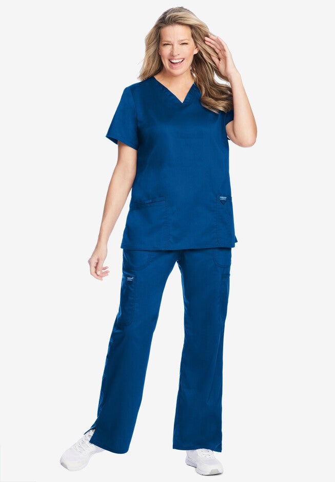 Modern Classic V-Neck Mock Wrap Scrub Top, ROYAL, hi-res image number null