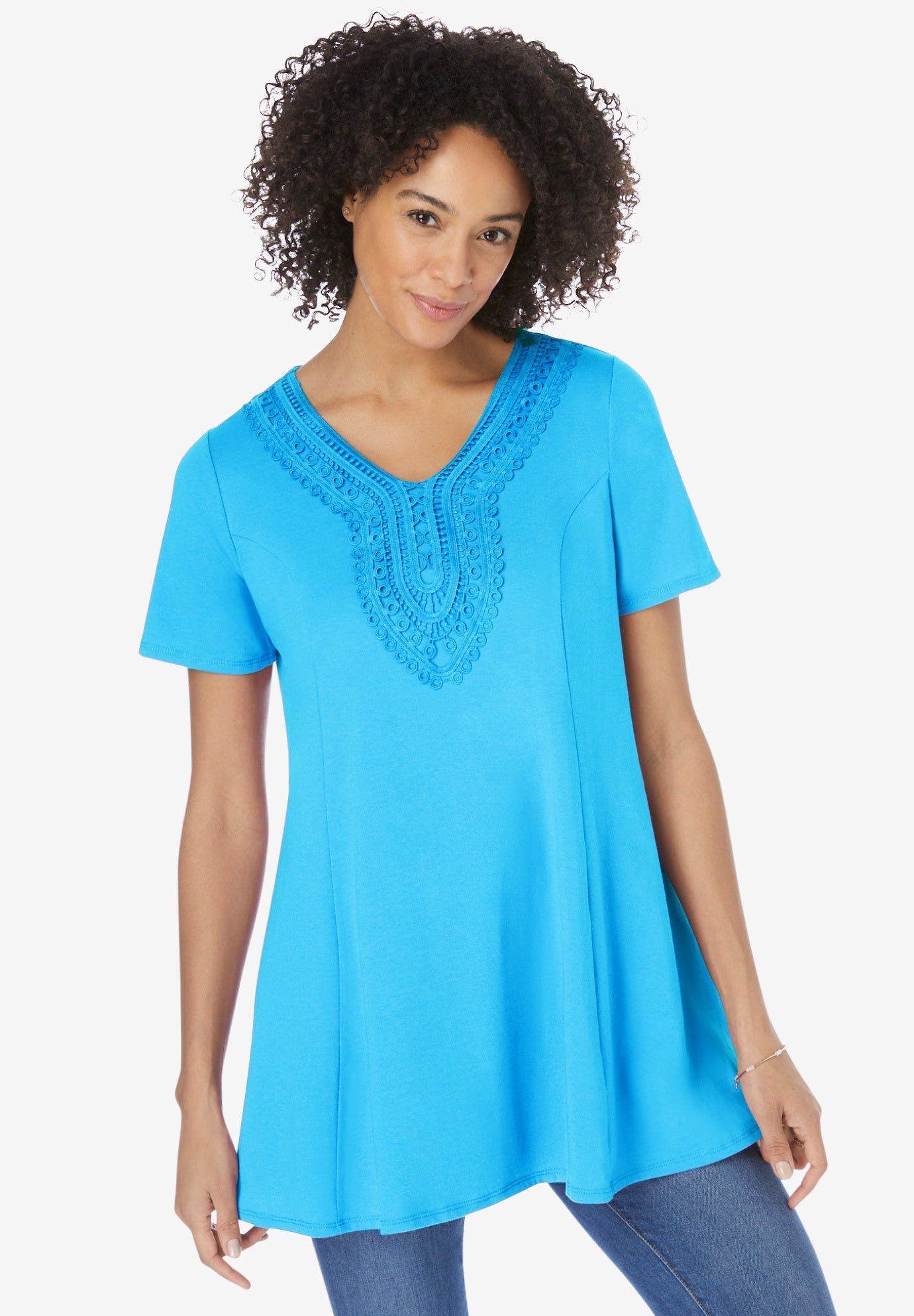 Rounded V-Neck Crochet Tunic, PARADISE BLUE, hi-res image number 0