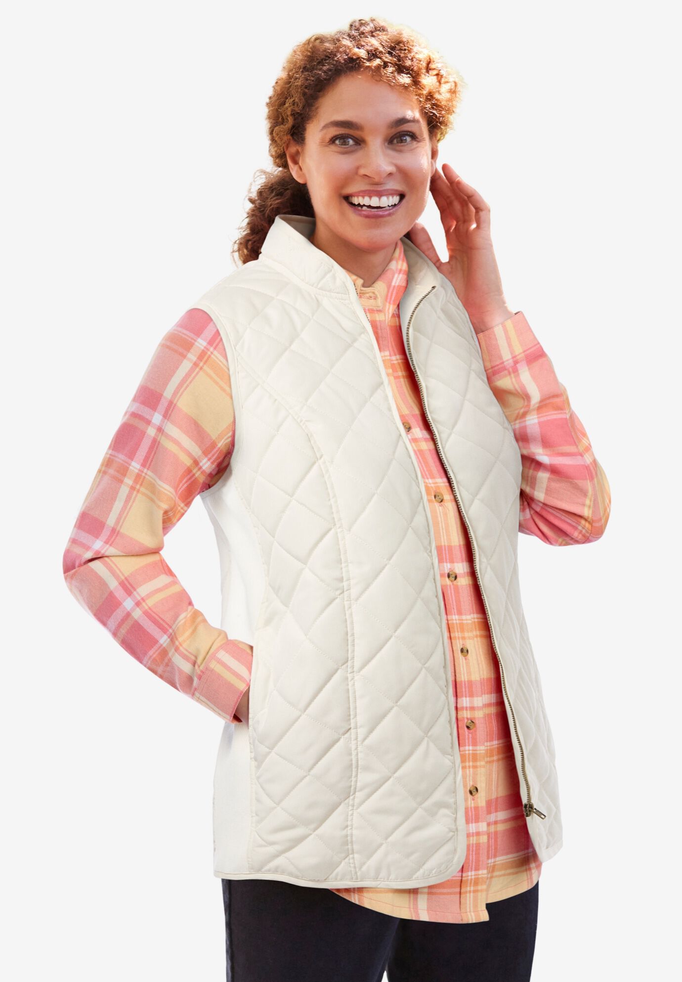 Zip-Front Quilted Vest, IVORY, hi-res image number 0