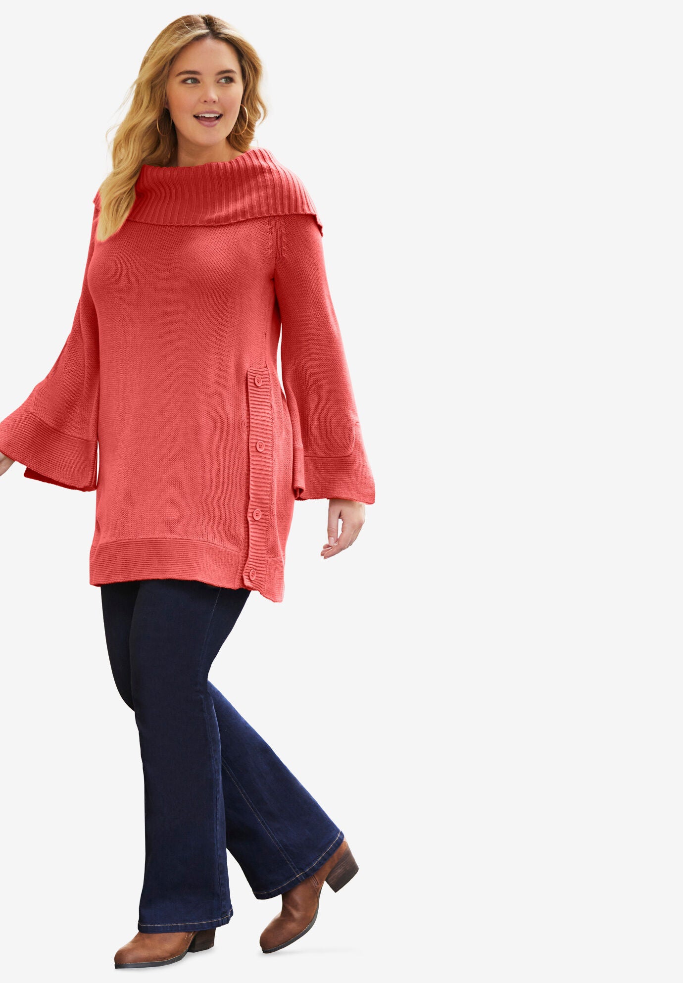 Cowl Neck Sweater With Button Accents, PUMPKIN, hi-res image number 0