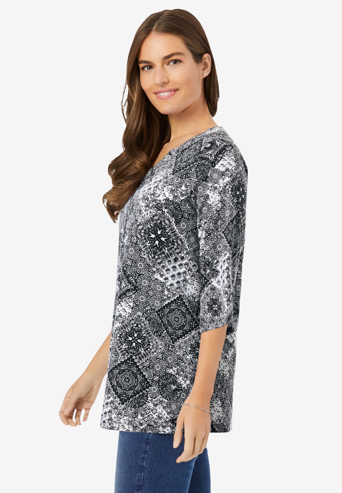 Henley Three-Quarter Sleeve Knit Tunic, , alternate image number 2