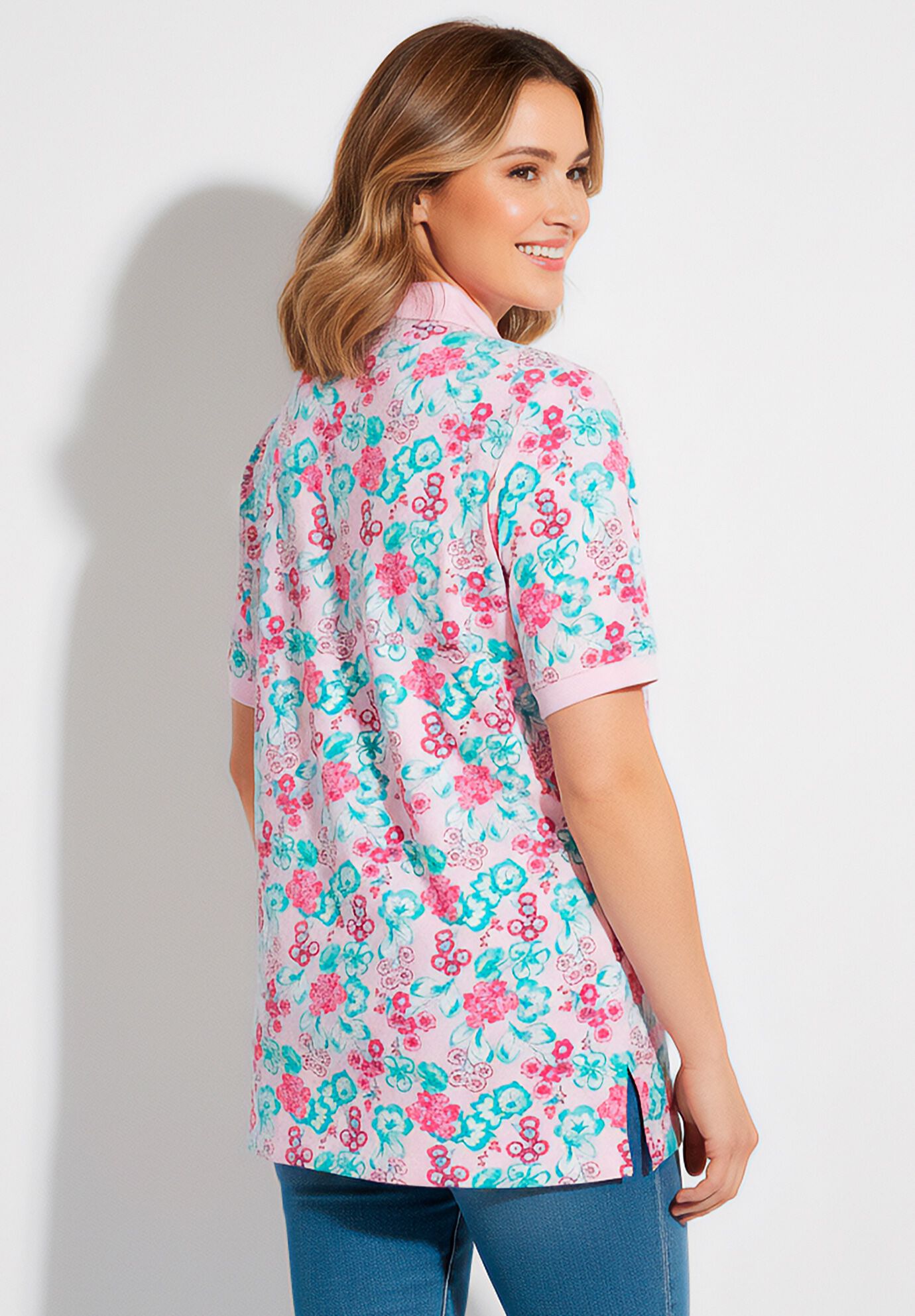 Elbow-Sleeve Polo Tunic, PINK SWEETSCAPE, alternate image number 2