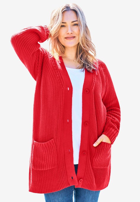 Long-Sleeve Shaker Cardigan Sweater, VIVID RED, hi-res image number null