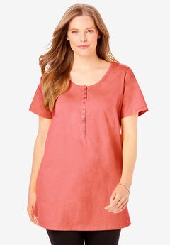 Perfect Short-Sleeve Scoop-Neck Henley Tunic