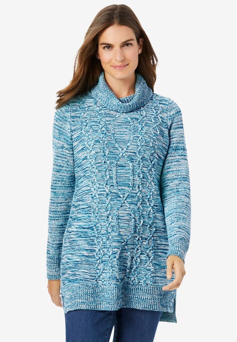 Turtleneck Cable Long Sleeve Sweater, DEEP TEAL MARLED, hi-res image number null