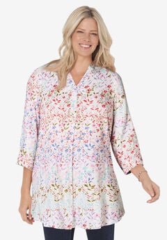 Rayon 7-Day Three-Quarter Sleeve Tab-Front Tunic