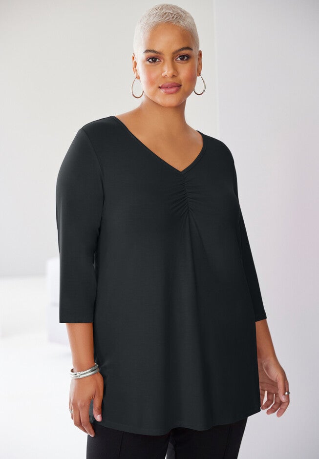 Ruched Three-quarter Sleeve Tee, BLACK, hi-res image number null