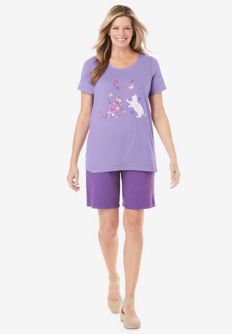 2-Piece Knit Tee and Short Set, SOFT IRIS CATS, hi-res image number null