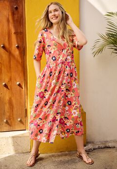 Button-Front Elbow-Sleeve Knit Dress
