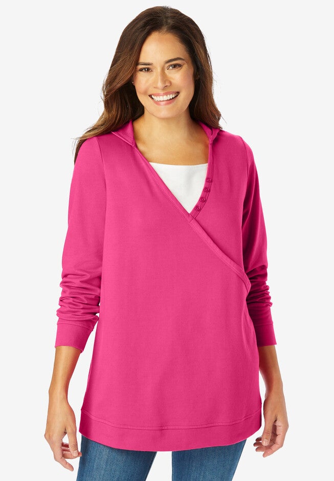Layered-Look Hooded French Terry Sweatshirt, RASPBERRY SORBET, hi-res image number null