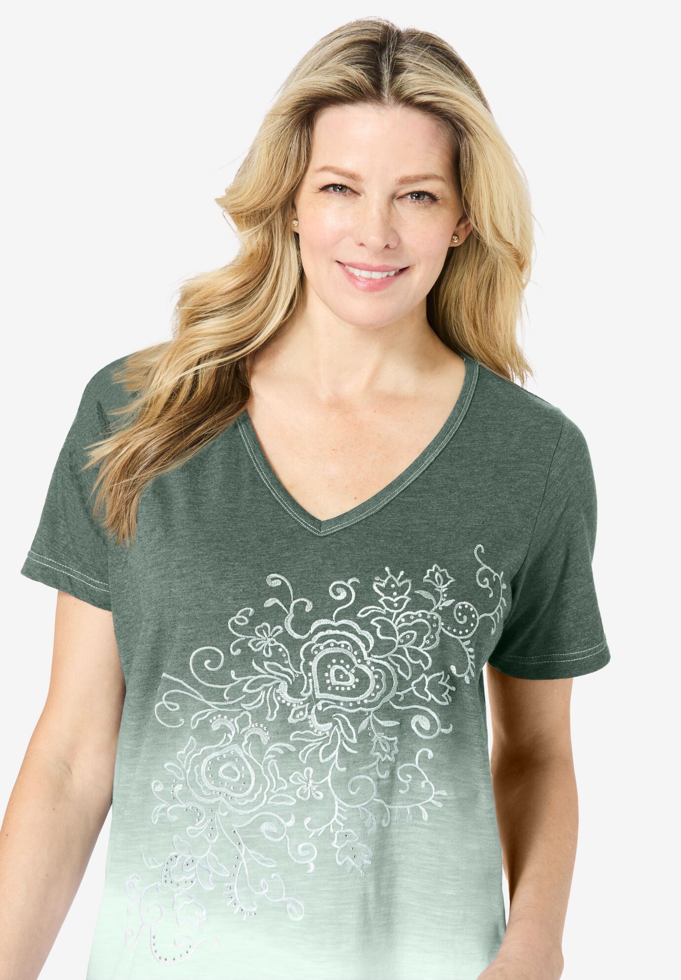 Short-Sleeve V-Neck Embroidered Dip Dye Tunic, PINE OMBRE, alternate image number 3