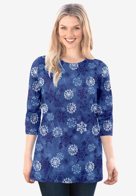 Perfect Printed Long-Sleeve Crewneck Tee, ROYAL NAVY TEXTURED SNOWFLAKE, hi-res image number null
