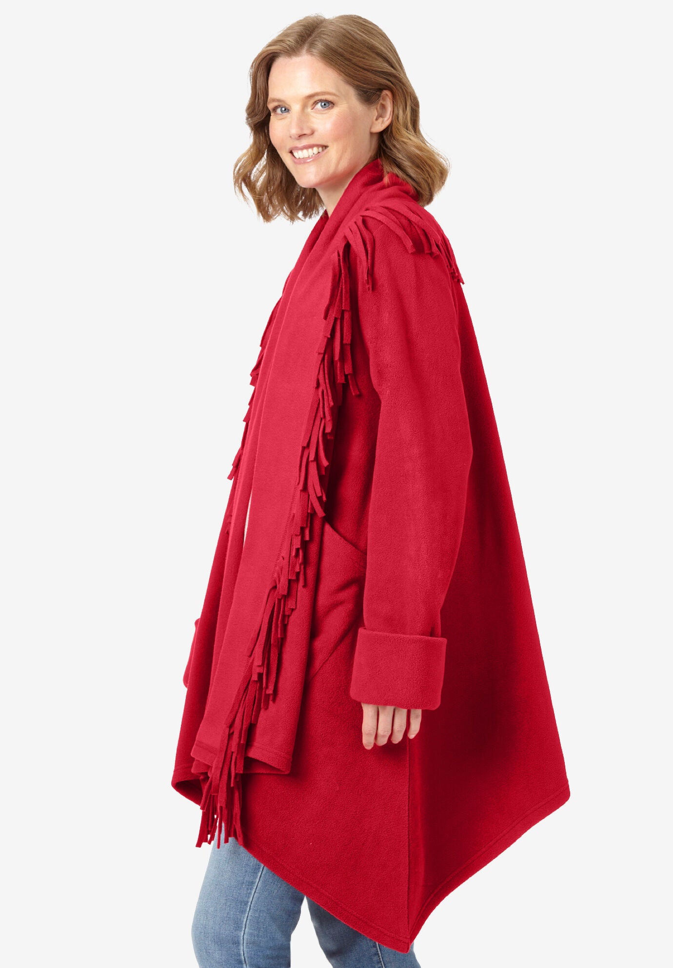 fringed shawl collar fleece jacket