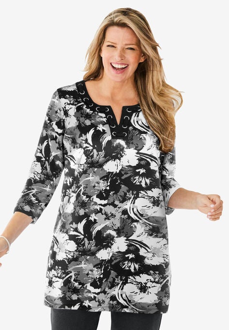 Three-Quarter Sleeve Lace-Up Tunic, BLACK GRAPHIC FLORAL, hi-res image number null