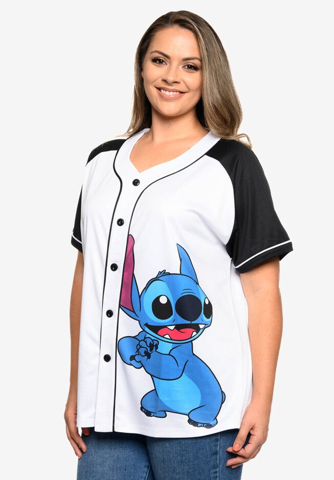 Disney Stitch Baseball Jersey Button Down Shirt , WHITE, hi-res image number 0