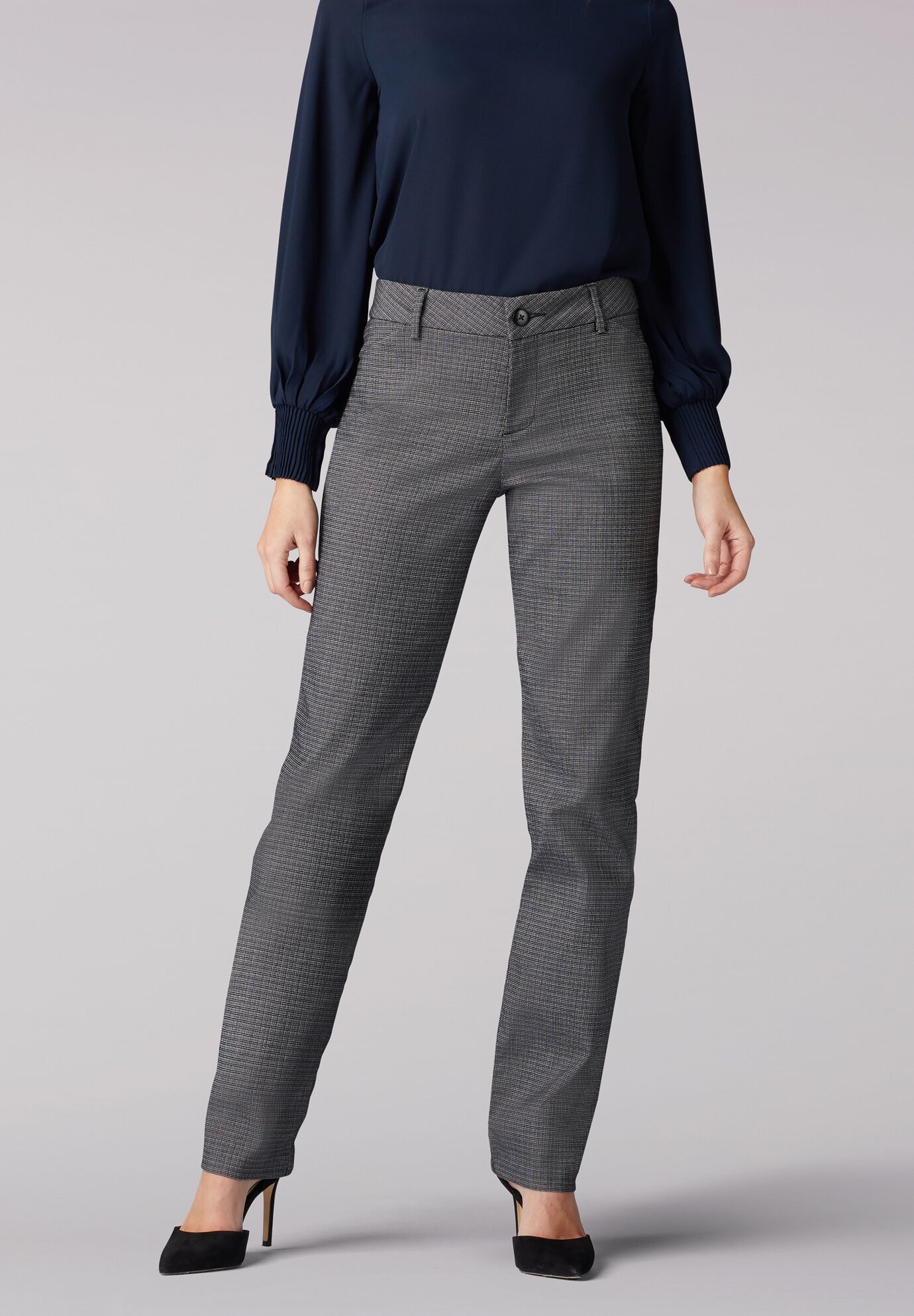 Wrinkle Free Straight Leg Pant Jean, BLACK WHITE ROCKHILL PLAID, hi-res image number 0